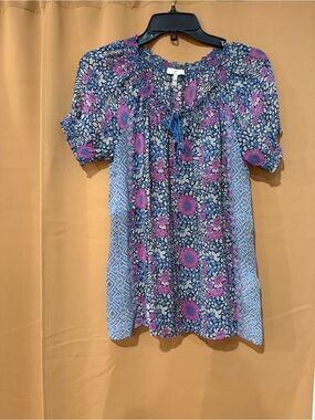 Joie Blue and Purple Floral Smocked Short Sleeve Tunic